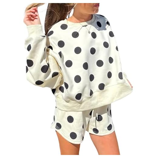 KevaMolly Womens Lounge Sets Beige Polka Dot Print Drop Shoulder Pullover and Drawstring Shorts Set Two Piece Sets S