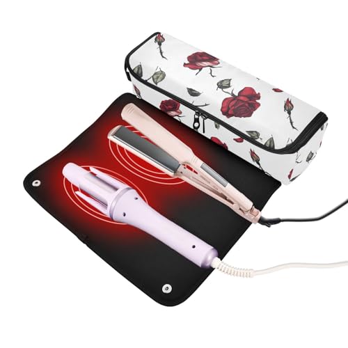 Bolsa de viaje para herramientas de cabello Chic Red Roses con tapete resistente al calor, impermeable, organizador para planchas y rizadores con cremallera miniatura 2
