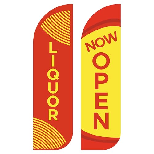 Liquor Now Open King Feather Flags – Pack of 2 | 3 ft x 11.5 ft Outdoor Advertising Signs for Liquor Stores, Alcohol Shops| Weatherproof Polyester Banners | Durable, Visible, Outdoor Banner (Hardware Not Included)