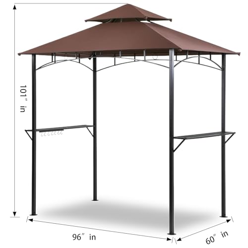 Grill Gazebo 8\'×5\' Barbeque Gazebo Canopy Tent Shelter with 2 Tier Hardtop BBQ Canopy for Outdoor Patio Backyard Deck, （Brown - Thumbnail 3