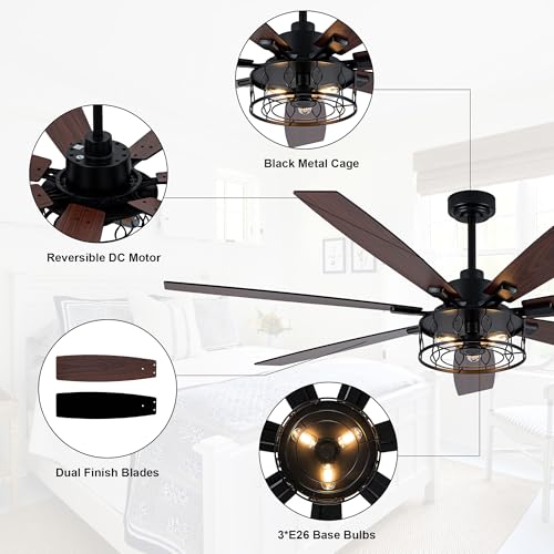 Image of 72 Inch Ceiling Fan with Lights Farmhouse Ceiling Fan with Lights | Black Caged Fandelier Rustic Industrial Chandelier for Living Room Indoor Covered Outdoor, 7 Dual Blades Reversible 6 Speeds