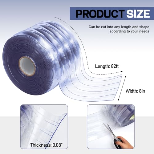 Image of Moukeren Plastic Curtain Strips, 82 ft x 8 in Clear PVC Strip Curtain Roll, Heavy Duty Plastic Insulated Freezer Door Strips for Commercial, Walk-in Cooler, Garage, Warehouse, 0.08 inch Thickness
