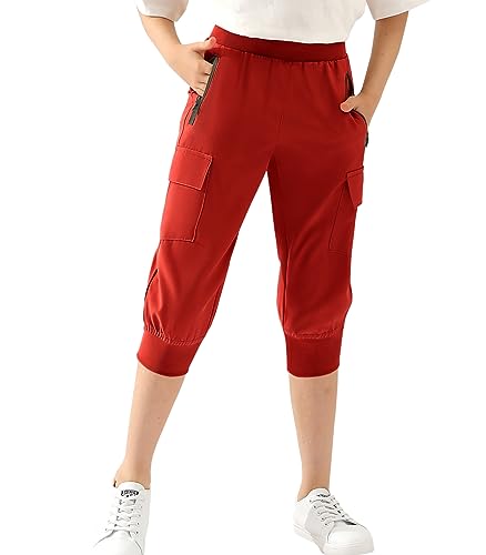 Image of DOUBLJU Lightweight Hiking Sweatpants Women Girls Kids Slightly Elastic Quick Dry Capri Cargo Jogger Athletic Workout Outdoor