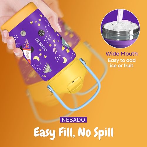 Image of Kids Stainless Steel Insulated Water Bottle with Straw 12oz - Leak Proof Toddler Thermos Cup for School, BPA Free with Handle & Non-Slip Silicone Base, Dishwasher Safe, Cosmic Purple