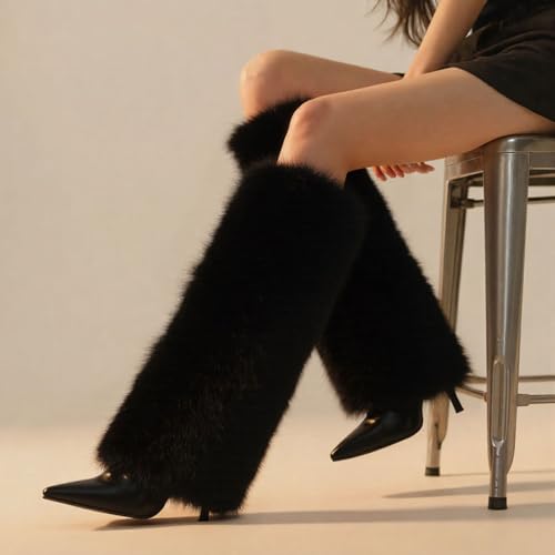 Womens Knee High Fur Boots Pointed Toe Fuzzy High Heel Dressy Fold Over Tall Boot for Women4