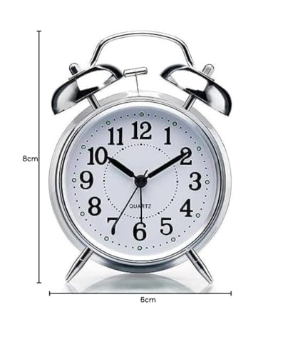 Image of STL Retro Twin Bell Alarm Clock with Night LED | Loud Bedside Alarm, Non-Ticking Silent Sweep, Metal Frame Table Clock for Students, Bedroom & Office (Silver)