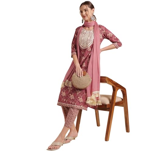 Image of NAINVISH Cotton Blend Kurti Pant & Dupatta | Kurta Set for Women | Women Kurta Pant Dupatta Set | Kurta Pant with Dupatta Set | Embroidered Kurta Pant Dupatta Set