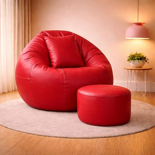 Image of 4XL Tear Drop Bean Bag with Footrest & Cushion | Premium Leatherette Bean Bag Cover | XXXXL Lounger Chair for Living Room | Without Beans | Upto 150 Kg (Red, XXXXL)