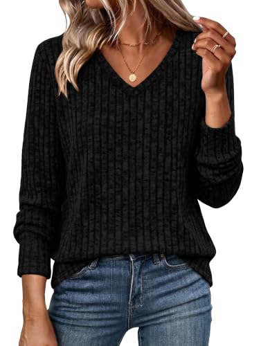 WIHOLL Black Sweaters for Women V Neck Long Sleeve Tunic Top Black M