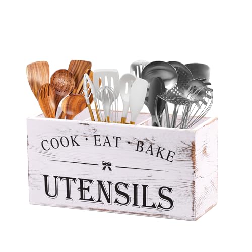 Kitchen Utensil Holder for Counter or Countertop, Extra Large Wood Organizer with 3 Compartments...