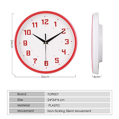 Horloge murale Topkey 23cm rouge silencieuse au design moderne