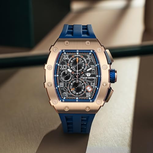 Image of TSAR BOMBA Mens Luxury Watch Watches for Men 50M Waterproof Japanese Quartz Movement Tonneau Stainless Steel Case Sapphire Glass with Chronograph Date Function Cool Unique Fashion Gift