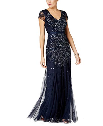 Adrianna Papell Women's Long Beaded V-Neck Dress with Cap Sleeves and Waistband (Midnight Blue, 2P)
