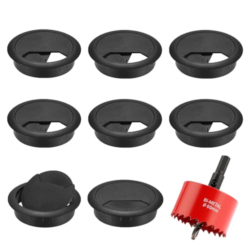 Lot de 8 passe-câbles de bureau - Passe-câbles de 60 mm avec 1 scie cloche, sortie de câbles - Noir - Passe-câbles - Pour table, bureau, plan de travail