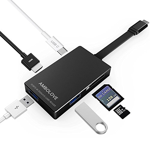 AmboLove USB C Hub Type C Hub con 2 puertos USB 3.0, 4 K Hdmi Puerto, puerto de ethernet (1000Mbit/s), lector de tarjetas SD, Micro SDHC y C carga USB, para dispositivos con USB Type C 6-1 Black