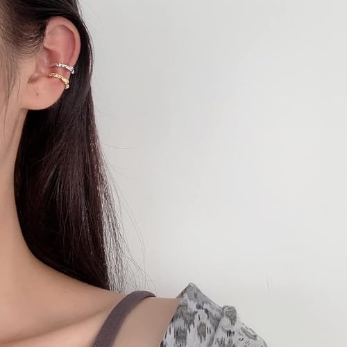 Hammered 925 Sterling Silver 18K Gold Plated Round Huggie Ear Cuff Gold Earrings Women Clip On Cartilage Non Piercing Small Hoop Fake Conch Helix Hypoallergenic (Silver) #TOP6
