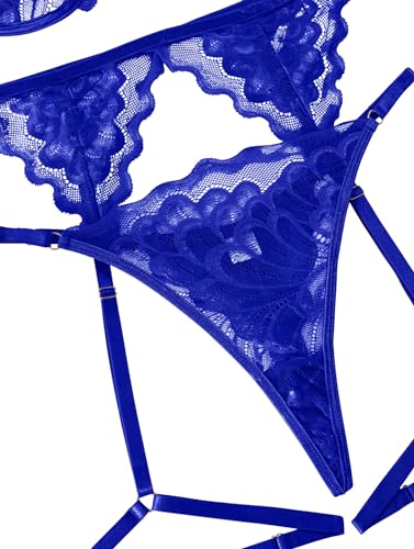 Image of Lilosy Sexy Choker Floral Lace Scallop Sheer Underwire Push Up Garter Belt Lingerie Set 3 Piece