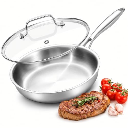 Nontoxicook 28cm Professional Tri-Ply Stainless Steel Frying Pan with Lid – Oven Safe 315°C, Fast Even Heat for Perfect Searing, All Cooktops Compatible, Durable 18/10 Non-Reactive Cookware