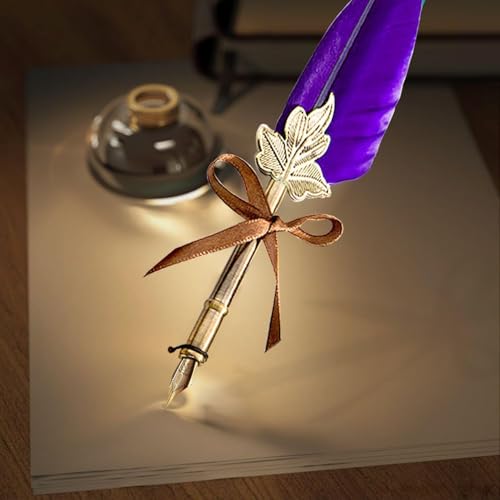 Image of UCRAVO Vintage Carving Feather Pen Set, Glittering Quill Set Antique Calligraphy Writing Dip with Ink, 2 Replacement Nibs, Stand Base, Luxury Signature