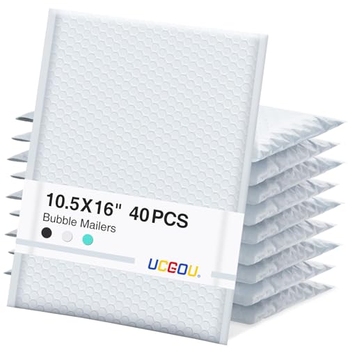 UCGOU Bubble Mailers 10.5x16 Inch 40 Pack Usable Size 10.5x15 Inch Large Padded Envelopes White Waterproof Packaging Bags for Shipping Self Seal Strong Adhesion Envelopes for Jewelry Makeup Supplies