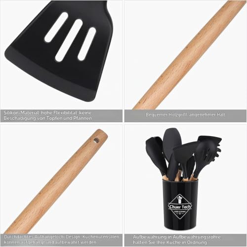 Foto von Küchenhelfer Set Kochlöffel Silikon 12 PCS, Küchenutensilien Set BPA-Frei, FDA Hitzebeständige Holzgriffe, Kochwerkzeug, Silikonwender, Pfannenwender, Löffel für antihaftbeschichtetes Kochgeschirr