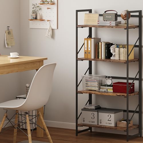Image of JSB No Assembly Folding Bookshelf, 4 Tier Industrial Metal Book Shelf for Storage, Vintage Wood Foldable Bookcase for Living Room, Bedroom, Office Organization Shelves