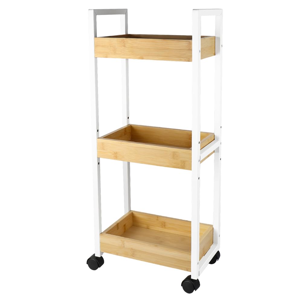 LANTUS Étagère Mince de Salle de Bains, Gain de Place, Bambou, Chariot de Rangement à 3 Niveaux sur roulettes,Étagère Debout 3 paniers dim. 30L x 20l x 80H cm-Blanc