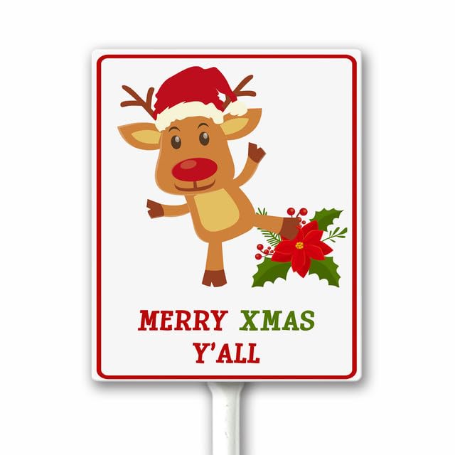 Christmas Decorations Outdoor Merry Xmas Yall - Funny Christmas Reindeer Christmas Yard Sign with Stake 20x30cm Christmas Garden Decor Lawn Sign Sturdy Aluminum Rust Proof Easy Install