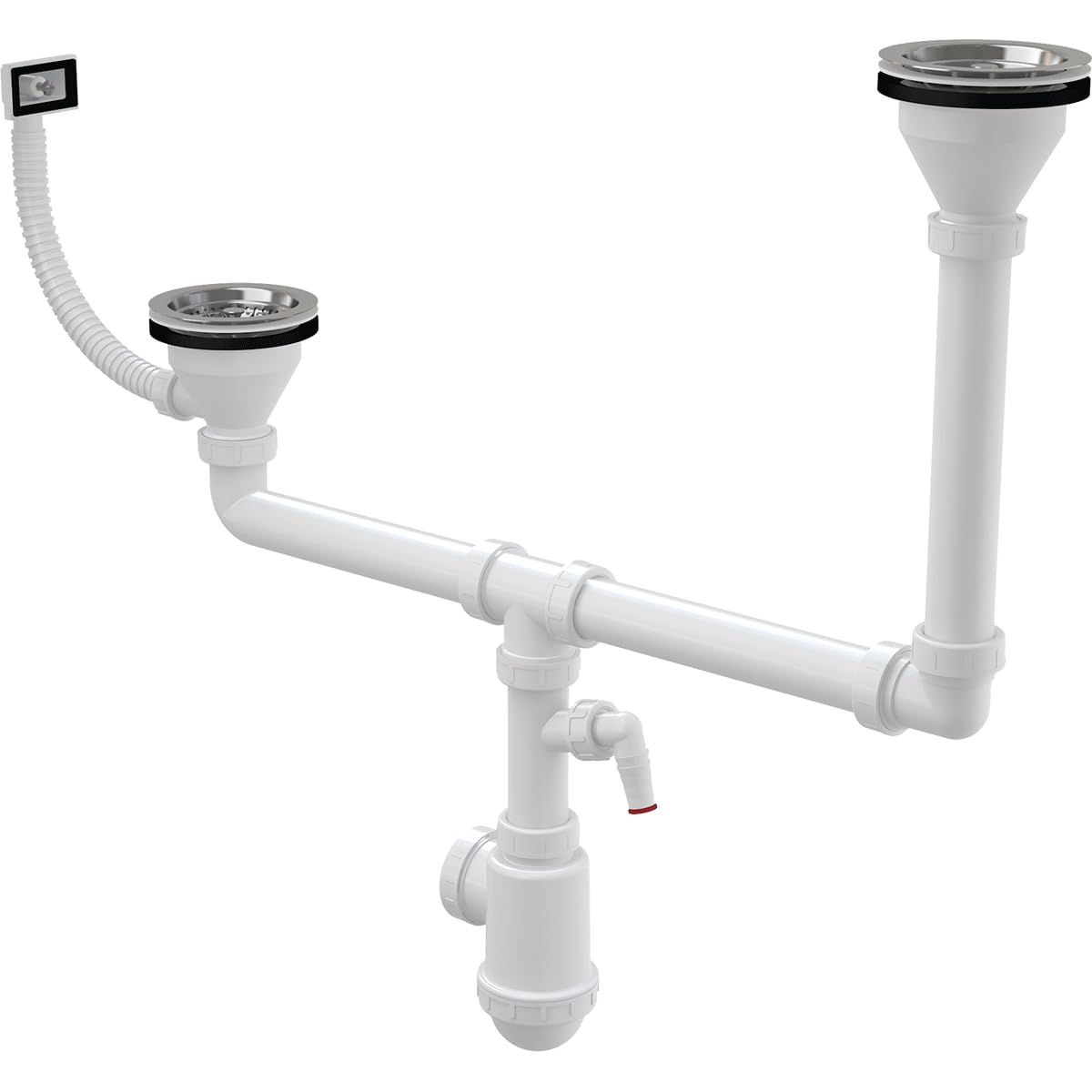 Sifón doble para fregadero con rejilla de acero inoxidable DN115 de doble etapa, con rebosadero y conexión para dispositivos