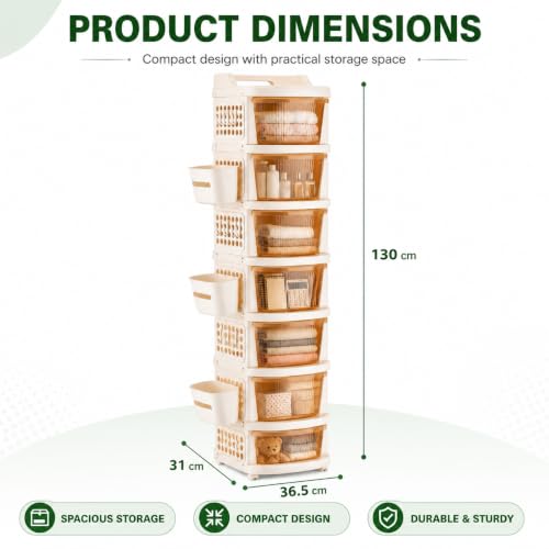 Image of Homeor 7 Tier Plastic Storage Drawer Cabinet with Wheels, Modular Chest of Drawers Organizer with Side Basket & Handle, Storage Trolley Rack for Home, Kitchen, Bedroom, Kids Room (Ivory Transparent)