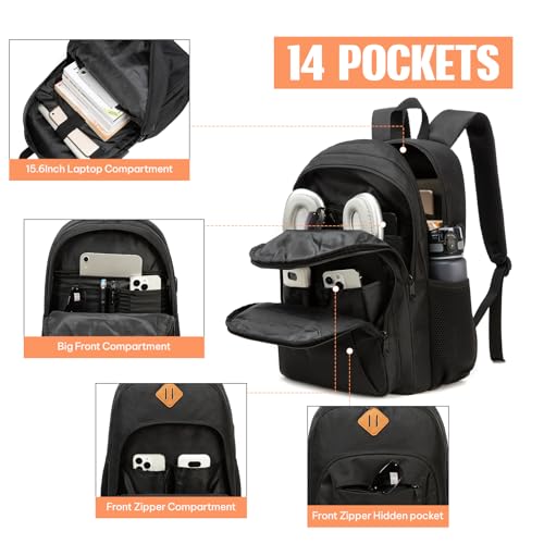 Beaulyn Black Backpack for School College Teens, Anti Theft Travel Laptop Backpack for Men and Women, Waterproof Bookbag with USB Charging Port4