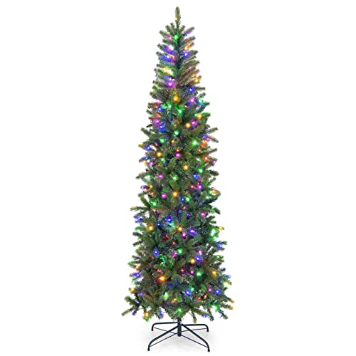 Goplus 7.5ft Pre-Lit Pencil Christmas Tree, Hinged Artificial Slim Tree with 796 PVC PE Branch Tips, 350 LED Lights, Life-Like Xmas Tree for Indoor Home Office Decor, Easy Setup