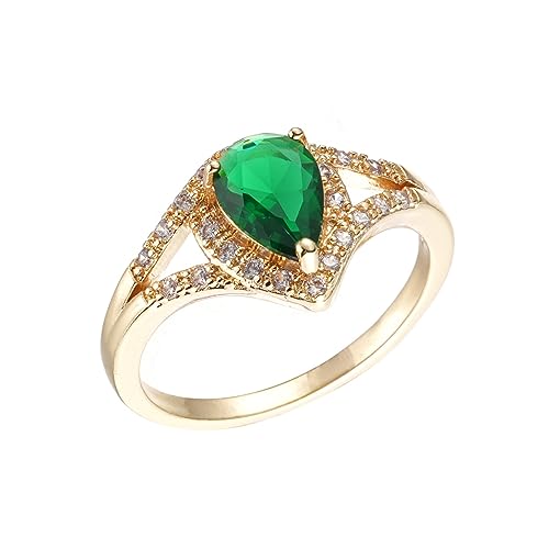 Plated Gold Teardrop Simulated Emerald Cubic Zirconia Halo Ring for Women Pear Shape Green Gemstones Wedding Engagement Promise Ring Finger Jewelry Size 6-10