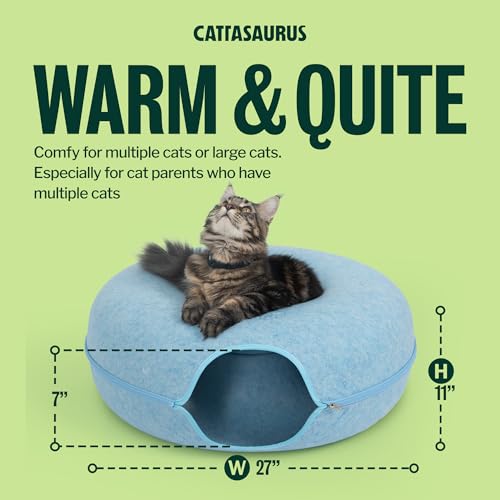 Image of Cattasaurus Peekaboo Cat Cave Donut for Multiple & Large Cats up to 30-45 lbs, 3-in-1 Self Warming Cat Bed, Tunnel & Scratcher for Indoor Cats, Washable & Detachable Small Dog Bed (Blue, Jumbo)