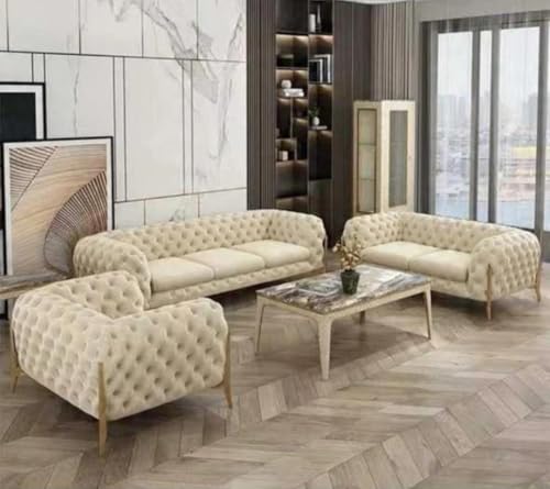 Image of Luxury Sofa Set Luxury Chesterfield Sofa in for Home Living Room & Office (3+2+1 Seater (Beige))