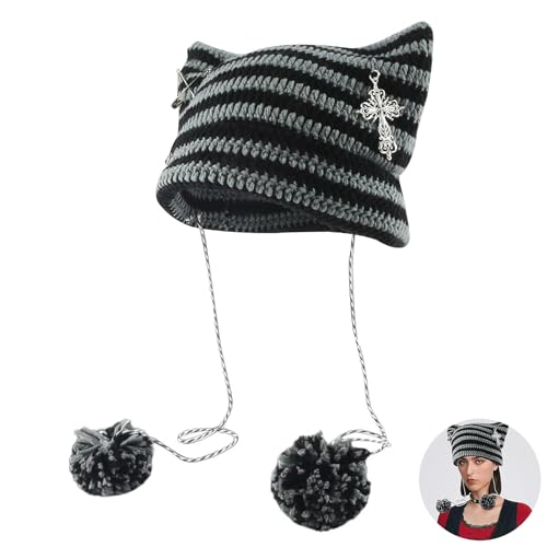 Image of WQEDVN Cat Ear Beanie, Cat Hat for Women, Hat with Ears, Cat Ear Hat, Cat Beanie, Crochet Knitted Hats, Winter Hats for Women, for Girls Adults Kids Cat Gifts for Women (Black)
