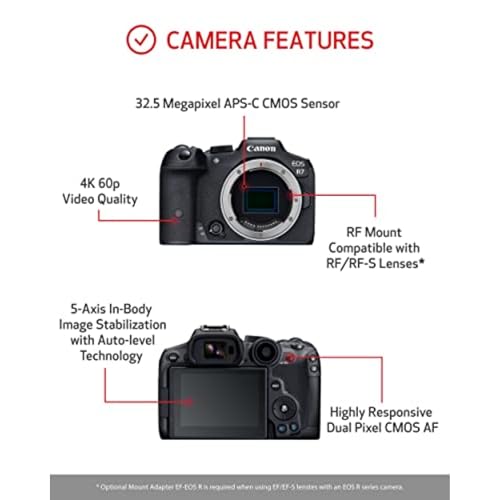 Canon EOS R7 Mirrorless Camera (Body Only), Hybrid Camera, 32.5 Megapixel (APS-C) CMOS Sensor, 4K Video, for Sports, Action, Content Creators, Vlogging Camera, Black