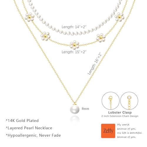 Image of Zeffy Gold Pearl Necklace for Women, Dainty 14K Gold /Silve Plated Layered Pearl Choker Pearl Earrings Pearl Bracelets Wedding Trendy Gold Jewelry Set for Women Gifts