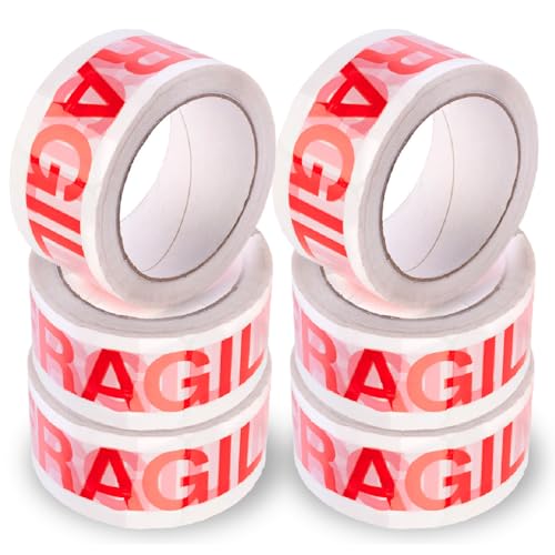 OFITURIA Cinta Adhesiva, Cinta Embalar ideal para Embalaje Cajas de Cartón, Envíos y Mudanzas, Rollo de Cinta Blanca con texto Rojo Muy Frágil, Precinto Adhesivo Seguro y Resistente (Cinta Frágil)