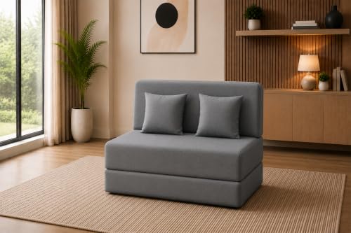 Image of Sofa Cum Bed with Jute Fabric, Convertible Two Seater Sofa Bed 4x6 Ft, Comfortable Cushioned Seating, Space Saving Design for Living Room, Bedroom & Guest Room - Grey Color