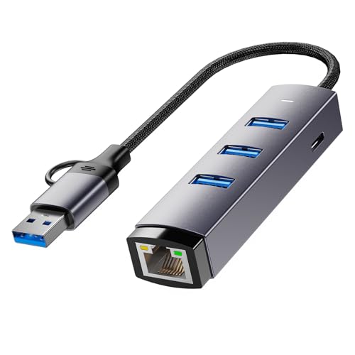 Image of 4-in-1 USB 3.0 Hub with Gigabit Ethernet Adapter, Space Gray Aluminum, 3 USB Ports, RJ45 LAN Port, Compatible with Windows, Mac OS, 1000Mbps Network Speed