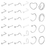 32pcs Nasenpiercing Stecker 20g Edelstahl Nasenringe Hypoallergen Nasenstecker Ring Zirkonia Herzform L -Förmiger Chirurgenstahl Septum Nostril Piercings Diamant Creolen Schmuck für Damen Herren