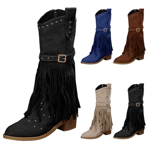 Botas vaqueras con flecos para mujer, botas altas hasta la rodilla, tacón grueso, retro, botas vaqueras de media pantorrilla ancha, botas de vaquera, botines hippie, borlas, botines de disfraces