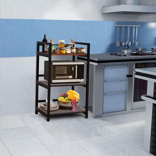 Image of wow craft 3-Tier Multifunctional Rack | Kitchen Storage Shelf, Microwave Stand, Cosmetic Shelf Rack | Floor Mount Kitchen Shelves with Black Pipe Design | Crafted with Engineered Wood & Metal