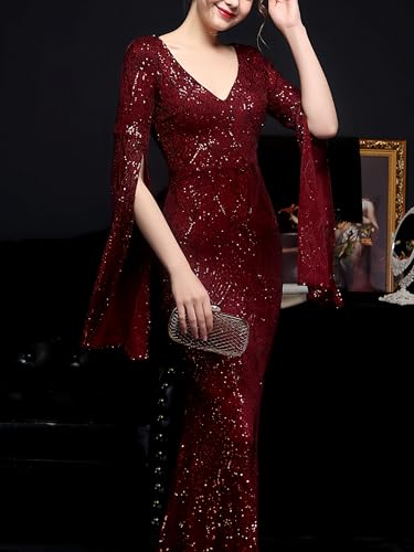 Elegant Long Sleeves Evening Dresses with Glitter V Neck Sequin Mermaid Maxi Gala Gown Sparkly Formal Dress4