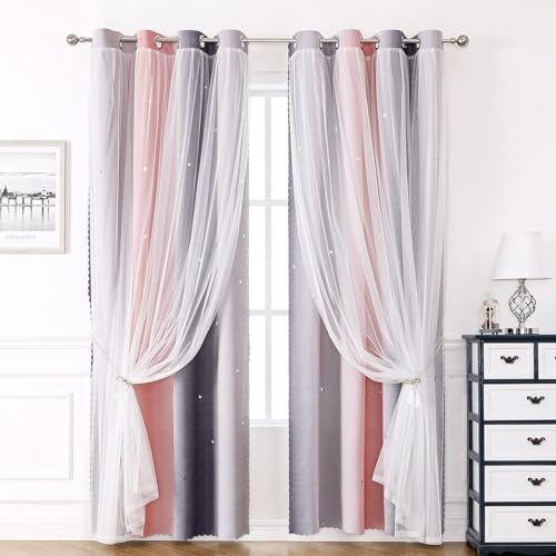 Blackout Curtains for Living Room Bedroom Eyelet Nursery Kids Girls - Voile Net for Windows, 2 Panel 52 x 84 Inch Drop, Soundproof Thermal Pink Grey - Image 2