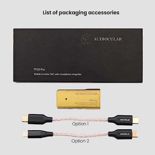 Image of AUDIOCULAR TP30 Pro Portable USB Amp & DAC with Dual Headphone Output | ES9038Q2M Chipset | DSD 512 | 32-Bit /768KHZ PCM | USB-C Input | External Sound Card (With Lighting Cable)