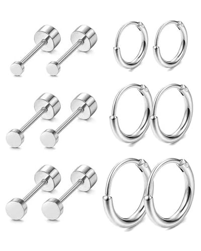 TPZORJX 6 Pares Pendientes Mujer: Aros y Planos con Circonita Cúbica, Acero Inoxidable 316L, Aretes Hipoalergénicos para Oreja Tragus, Helix y Cartílago