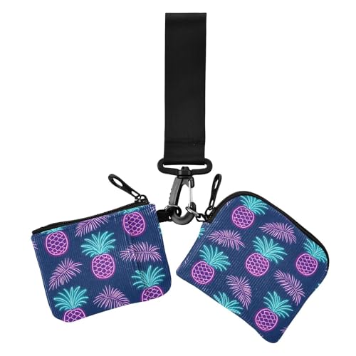 Summer Neon Pineapple Leaf Dual Wristlet Wallets for Women Small Detachable Women's Money Organizers with Zipper Pocket for Daily Use 2 Pcs