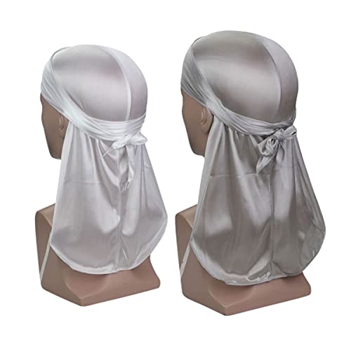 Silky Satin Durags for Men Designer Long Tail Beanies Doo Rags Caps Du-Rags for Women Silk Satin Tie Do Rags Cap for Waves (Grey+White)